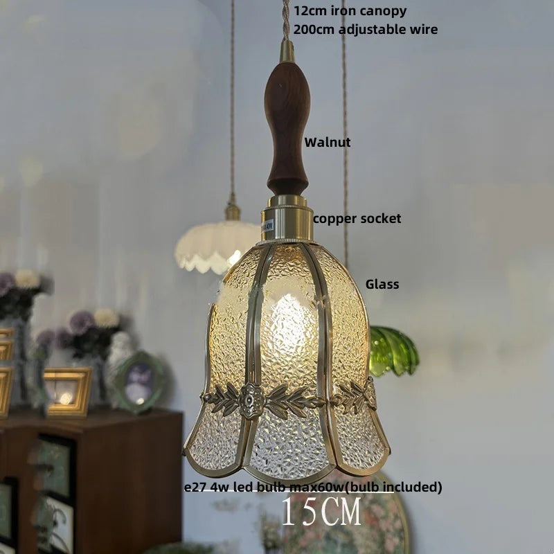 Walnut Wood & Copper Glass Pendant Light Fixture, LED Dining Room Luminaire