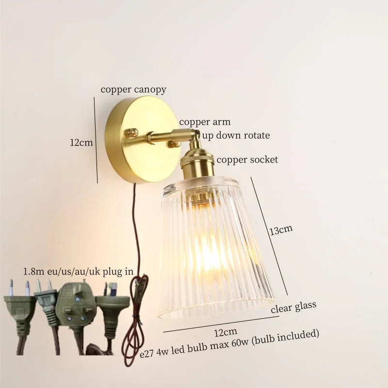 Afralia™ Striped Glass LED Wall Sconce Copper Arm Vintage Lampara Pared