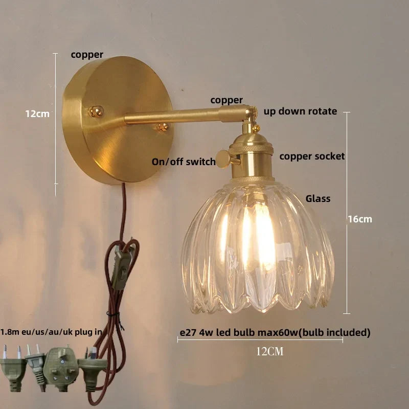 Afralia™ Amber Glass Vintage Style LED Wall Light with Pull Chain Switch