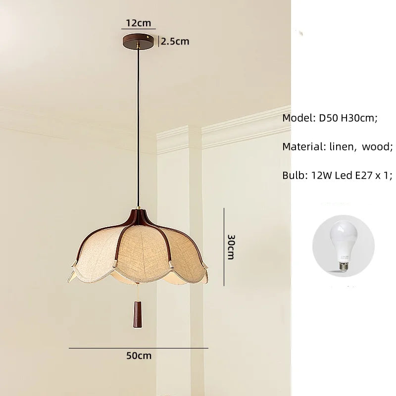 Wood E27 LED Fabric Pendant Chandelier for Dining & Bedroom Lighting