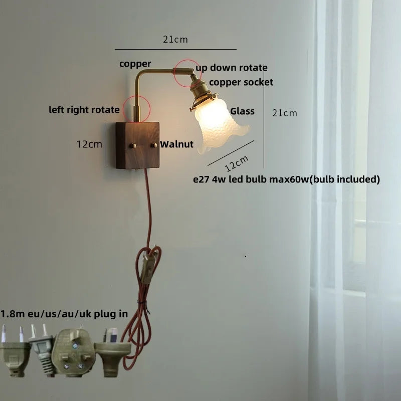 Afralia™ Glass Pink LED Wall Sconce, Pull Chain Switch, Walnut Wood Bedside Lamp