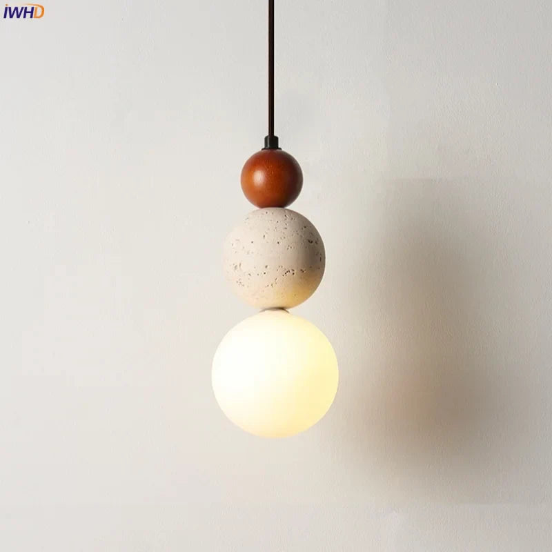 Afralia™ Yellow Travertine Wood Stone LED Pendant Light Fixture Nordic Modern Hanging Lamp