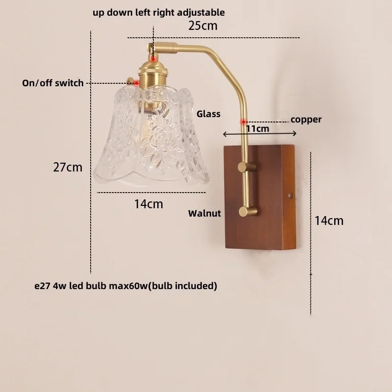 LED Glass & Wood Wall Lamp with Pull Chain Switch for Living Room, Bedroom, Bathroom