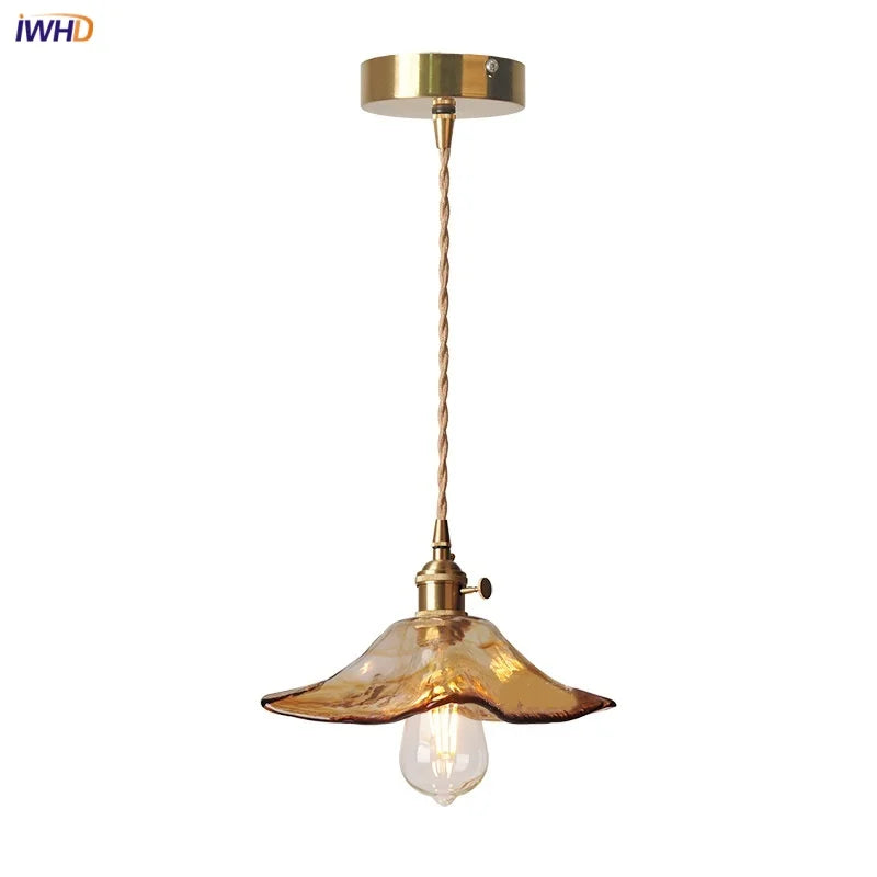 Amber Glass Pendant Light Fixture with Copper Knob Switch
