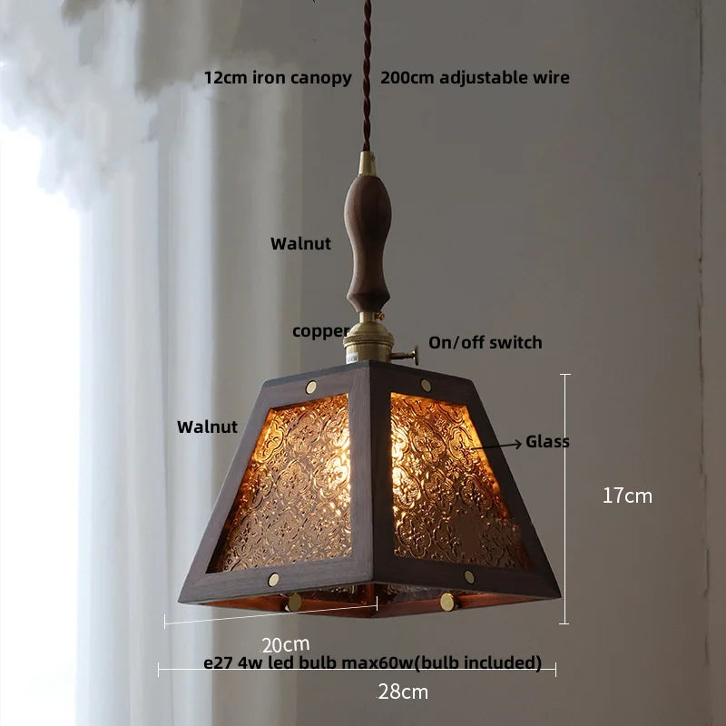 Afralia™ Glass LED Pendant Lamp with Walnut Wood Brass Accent