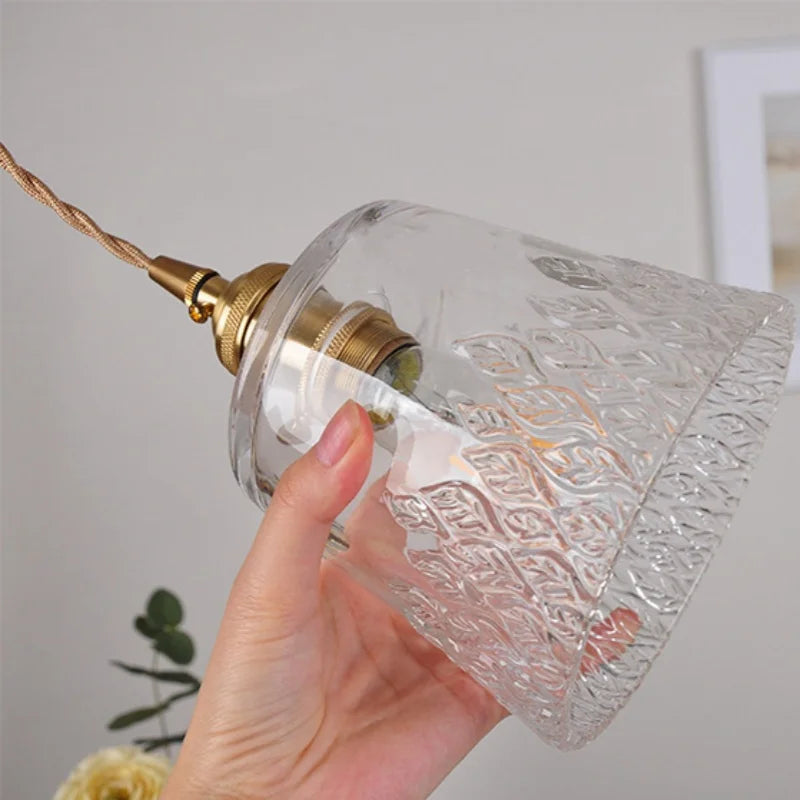 Clear Leaf Glass LED Pendant Copper Switch Kitchen Dining Room Light