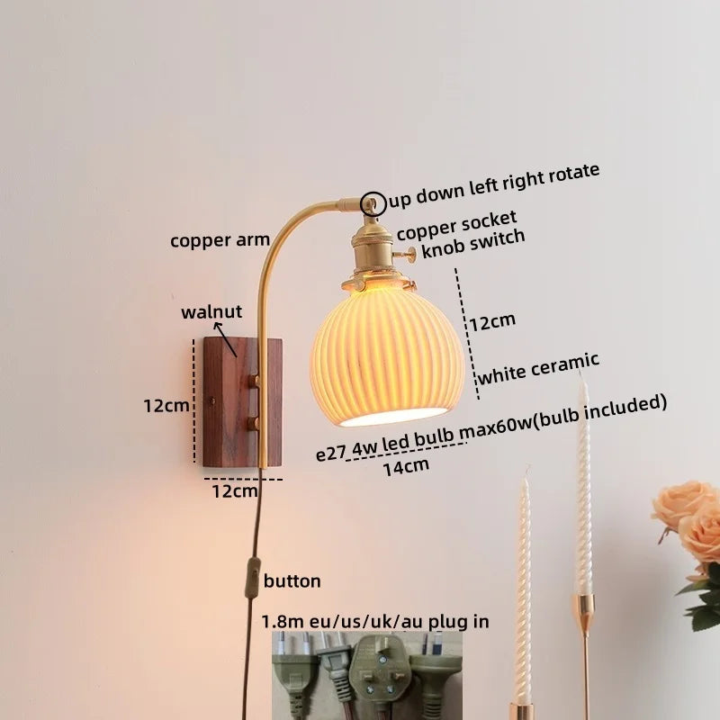 Ceramic Walnut LED Wall Lights Modern Bedside Lamp - Knob Switch