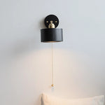 Black Wood LED Wall Light with Pull Chain Switch, Rotating Japanese Style Bedside Lamp