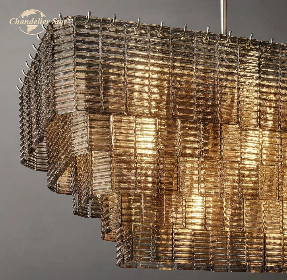 Smoke Glass LED Chandelier: Modern Rectangular Pendant Lighting for Dining & Living Room