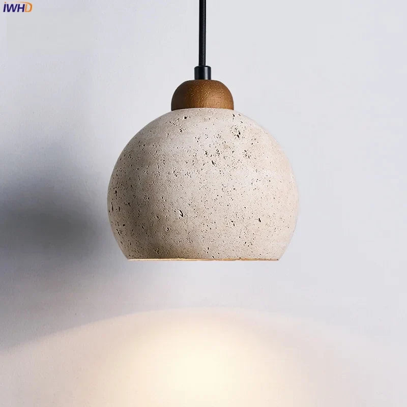 Afralia™ Vintage Wabi Sabi LED Pendant Lights Wood Yellow Travertine Hanging Lamp