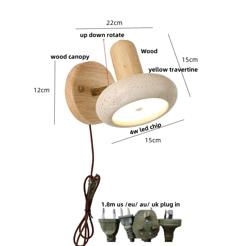 Yellow Travertine Wood Wall Light: Up Down Rotate LED Fixture with Pull Chain Switch.