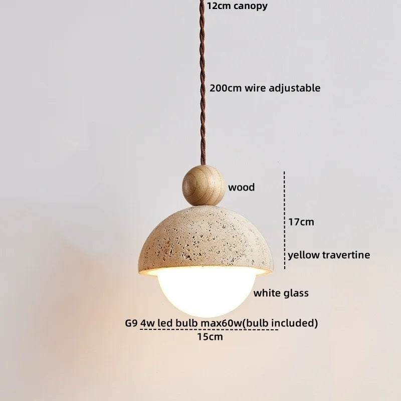 Yellow Travertine Wood LED Pendant Lamp - Nordic Modern Living Dining Room Light
