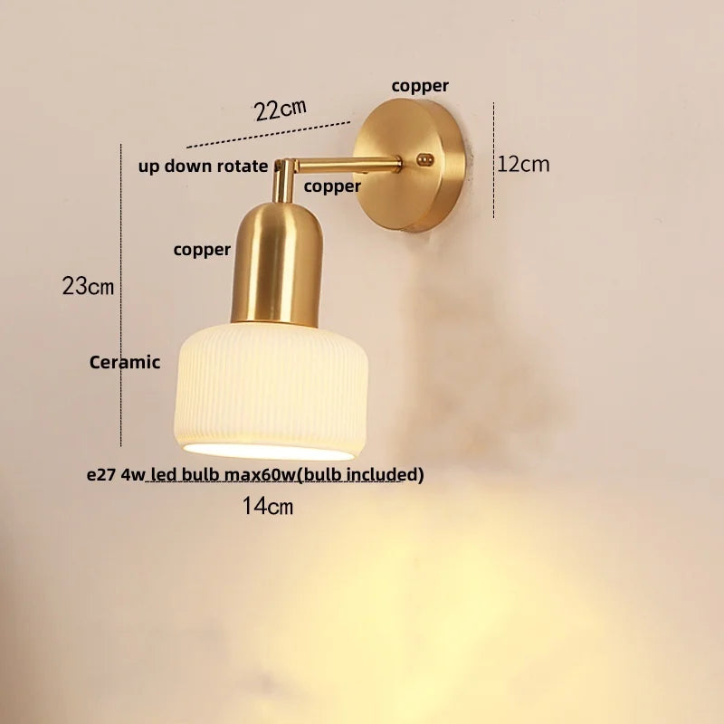 Ceramic LED Wall Sconce with Walnut Wood Pull Chain Switch - Nordic Style
