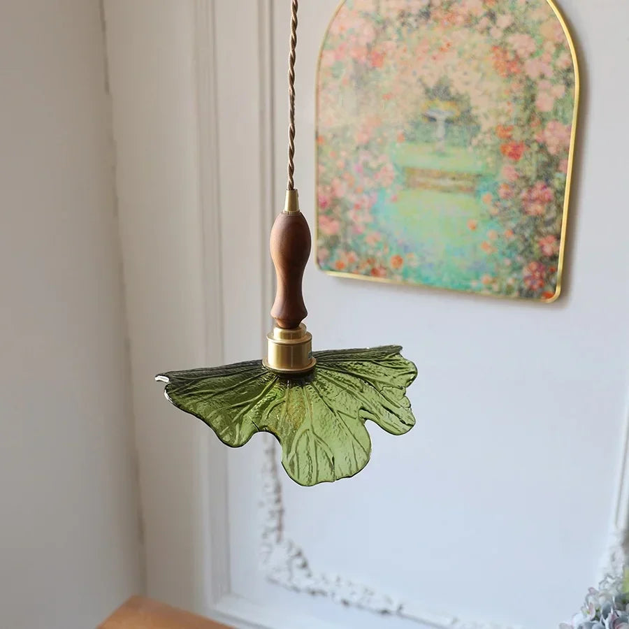 LED Pendant Lights Green Glass Copper Socket with Walnut Wood - Nordic Modern