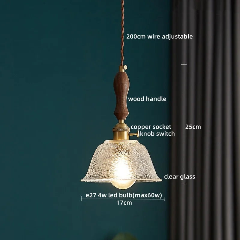 LED Pendant Light Fixture Wood Handle Clear Glass Modern Hanging Lamp