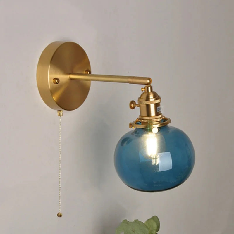 Afralia™ Vintage Blue Glass LED Wall Lamp, Pull Chain Switch, Stair Light Fixtures