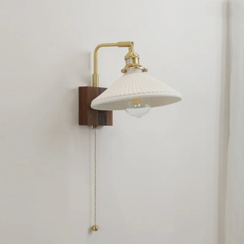 Walnut Ceramic LED Wall Lamp Pull Chain Switch - Modern Bathroom Mirror Light