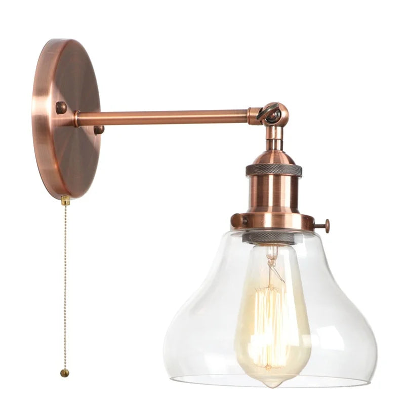 Red Bronze LED Wall Lamp with Pull Chain Switch and Clear Glass