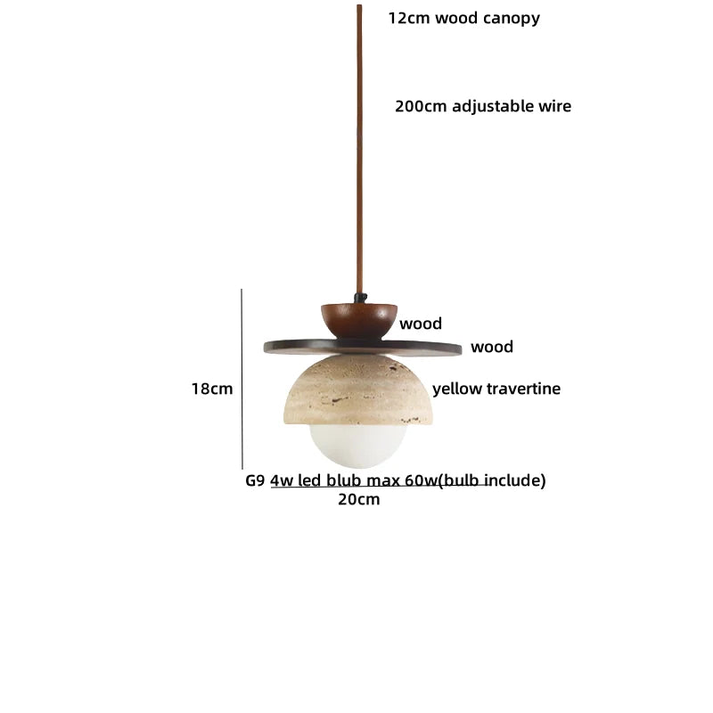 LED Wood Canopy Pendant Lights Yellow Travertine Stone Hanging Lamp