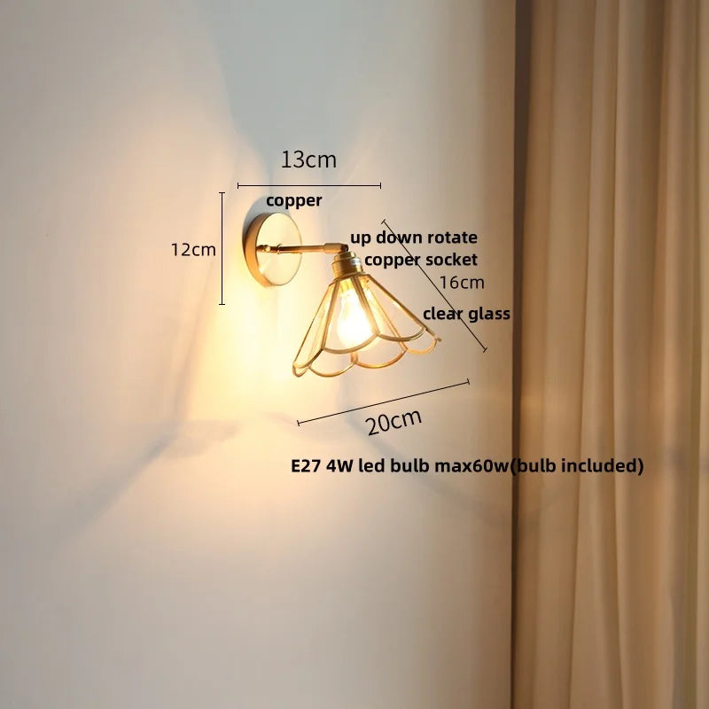 Copper LED Wall Lights with Glass Shade & Pull Chain Switch