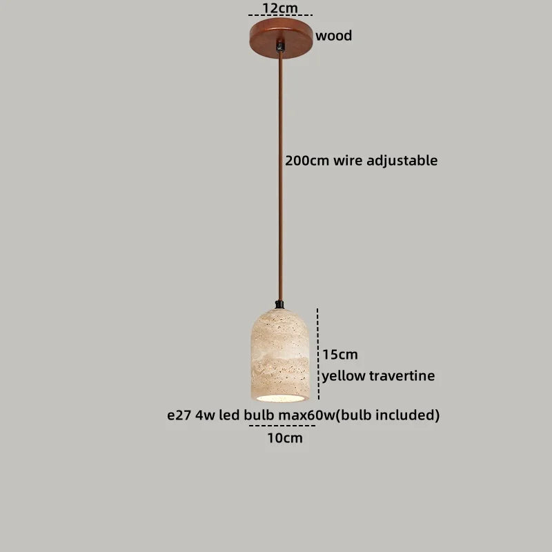 Yellow Travertine Wood Base LED Pendant Lights - Modern Adjustable Hanging Lamp