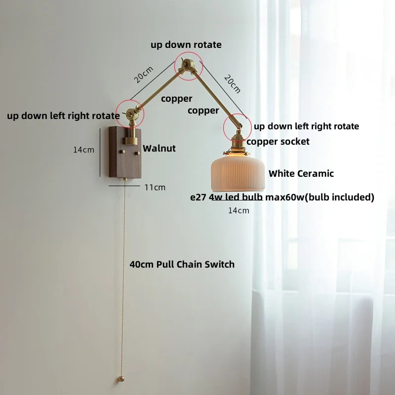 Ceramic LED Wall Light Rotatable Walnut Bedside Lamp