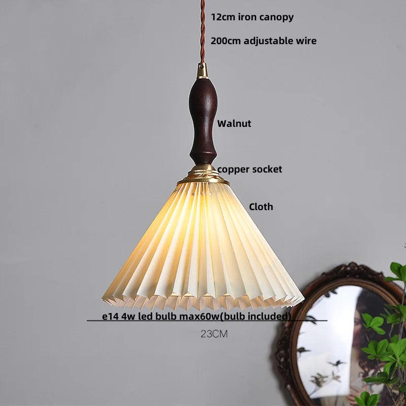 Walnut Wood LED Pendant Lights Japan Style Hanging Lamp Bouffant Cloth