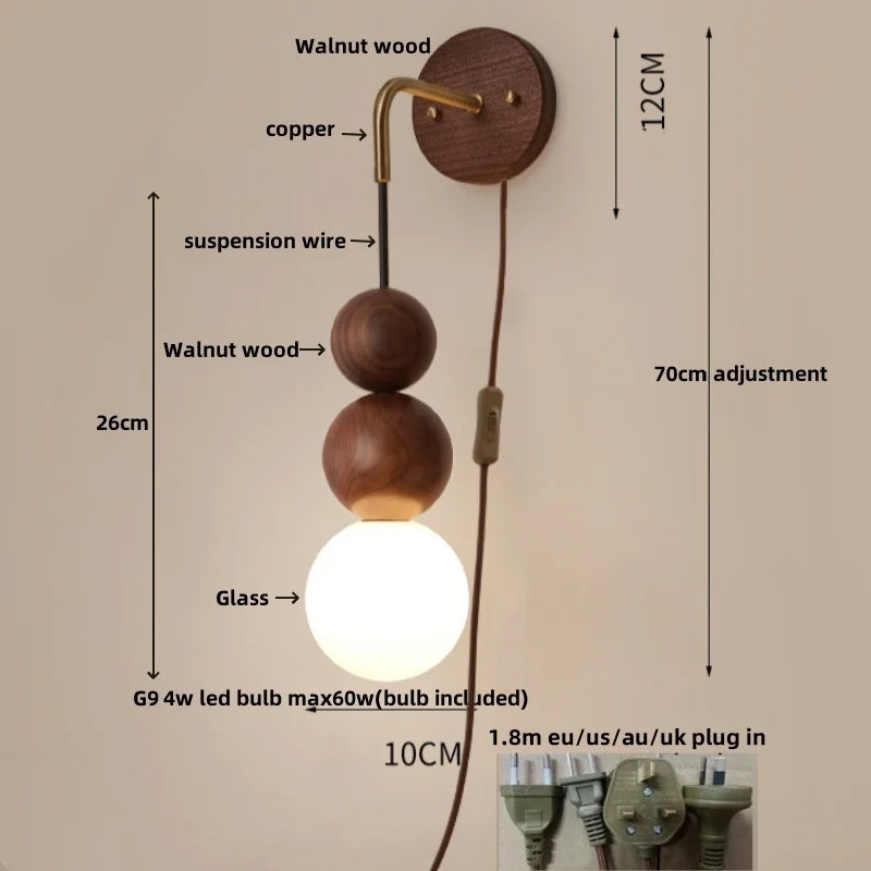 LED Walnut Wood Wall Light Sconce with Adjustable Acrylic Lamparas