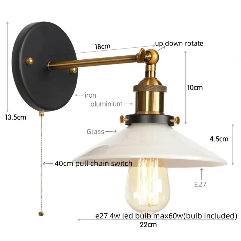 White Glass LED Wall Light Sconce Vintage Bedroom Lamp Industrial Wall Lights