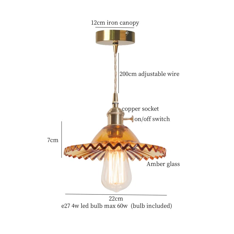 Brass Amber Glass LED Pendant Light for Restaurant Bedside Kitchen Loft Bar