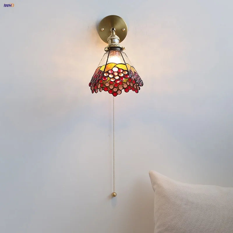 Tiffany Style Glass LED Wall Sconce with Pull Chain Switch