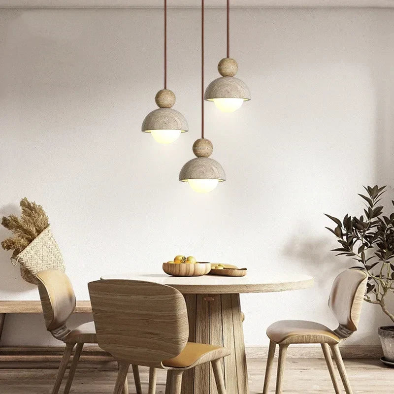 Glass Ball Pendant Light - Adjustable Wire, LED, Yellow Travertine White, Dining Room