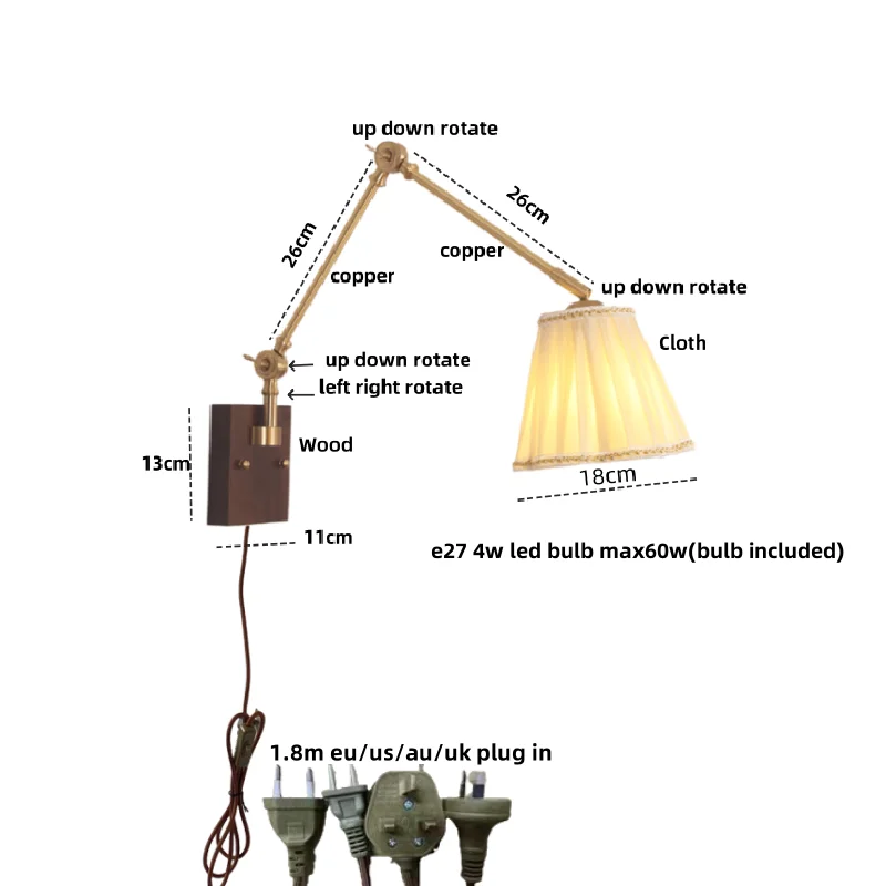 Wood Rotatable 2-Arm LED Wall Sconce with Pull Chain Switch