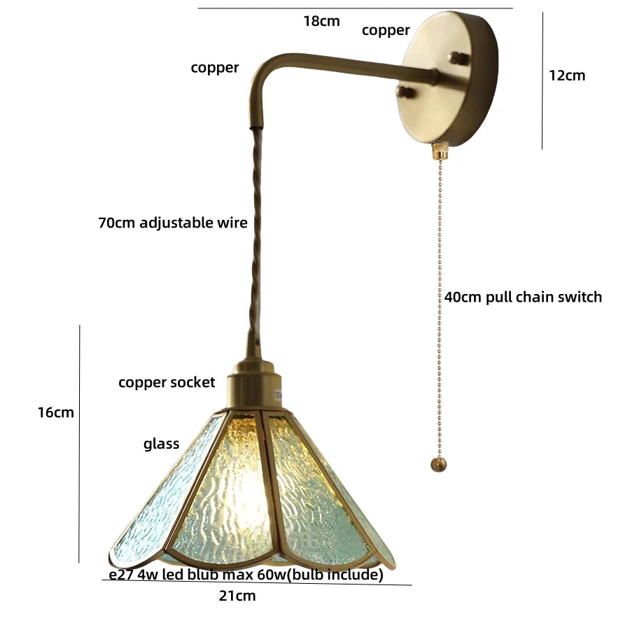 Blue Glass LED Wall Sconce Pull Chain Switch Staircase Tiffany Style Mirror Light