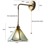 Blue Glass LED Wall Sconce Pull Chain Switch Staircase Tiffany Style Mirror Light
