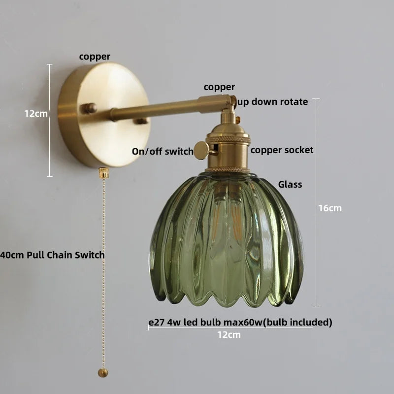 Afralia™ Amber Glass Vintage Style LED Wall Light with Pull Chain Switch