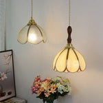 Afralia™ Tiffany Glass LED Pendant Walnut Wood Dining Room Light