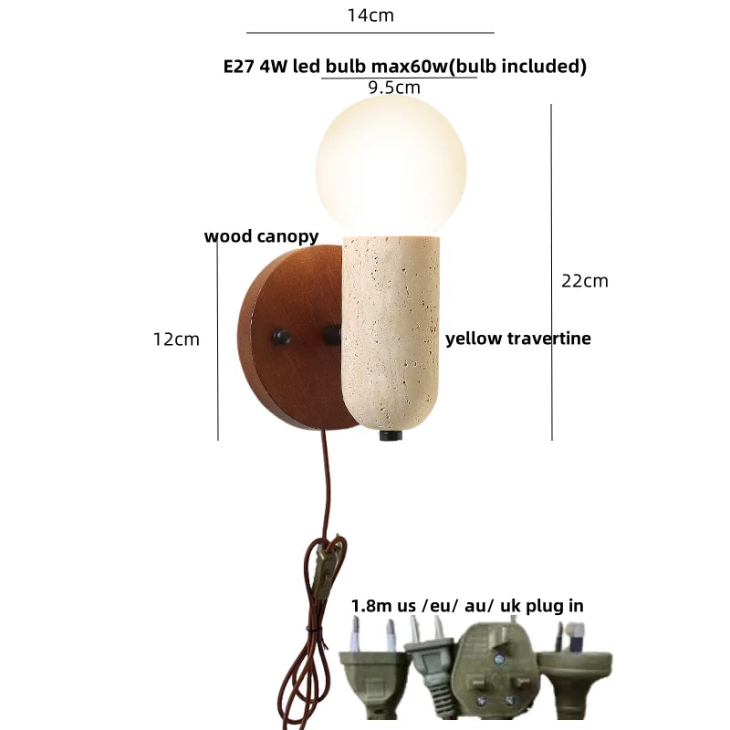 LED Wall Light Fixture Travertine Stone Wood Canopy Bedside Lamp