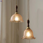 Amber Glass LED Pendant Lamp Walnut Wood Copper Hanging Light