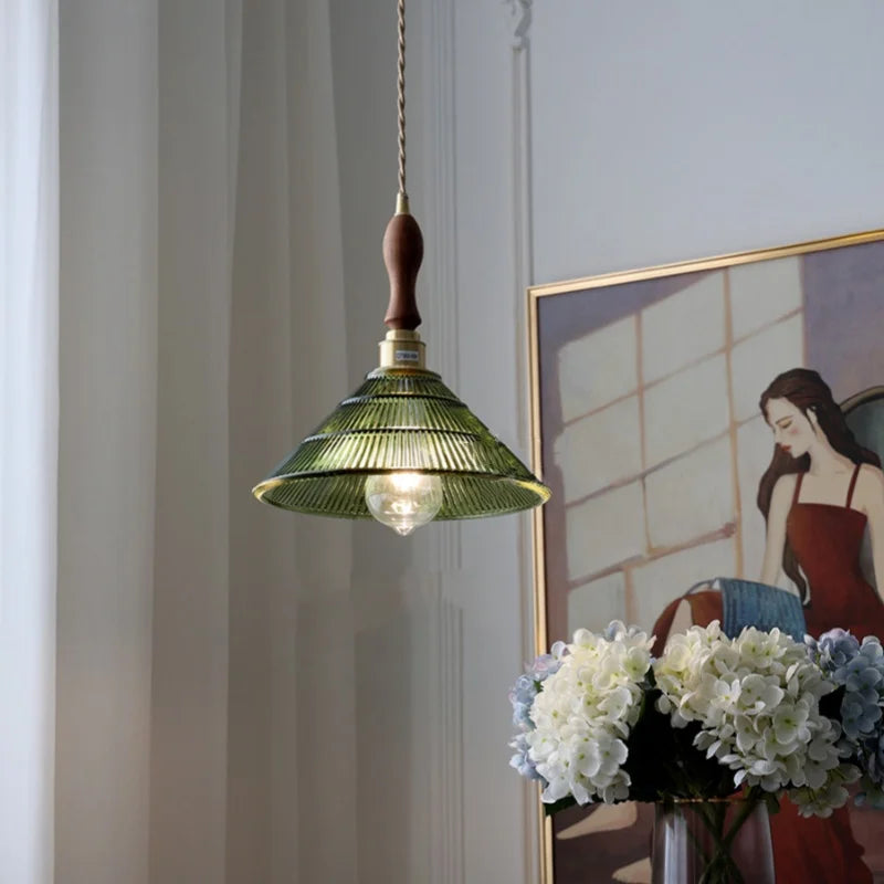 Walnut Wood LED Pendant Light Fixture with Adjustable Green Glass Shade