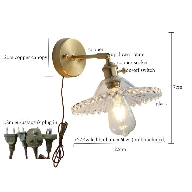 Clear Brass Glass LED Wall Lamp Pull Chain for Living Room Bedroom Loft