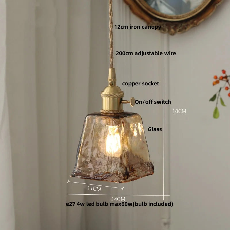 Amber Glass Pendant Light Fixture with Copper Knob Switch