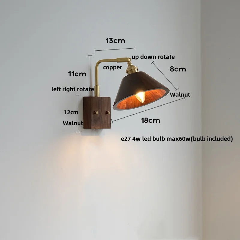 Walnut Wood LED Wall Sconce with Pull Chain Switch, Rotating Vanity Mirror Light