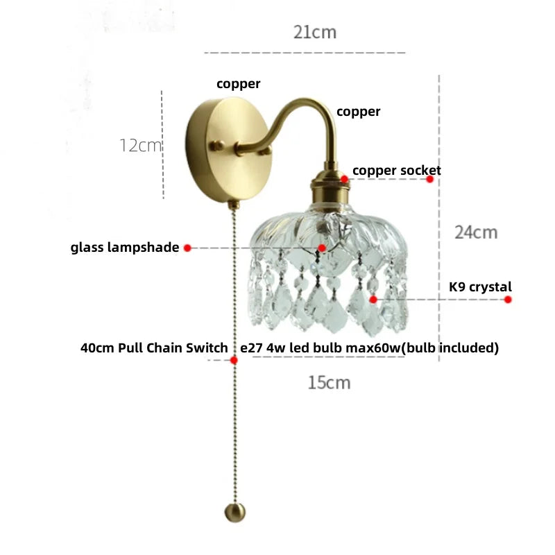 Nordic LED Wall Light with Pull Chain Switch, Crystal Glass Bedside Lamp