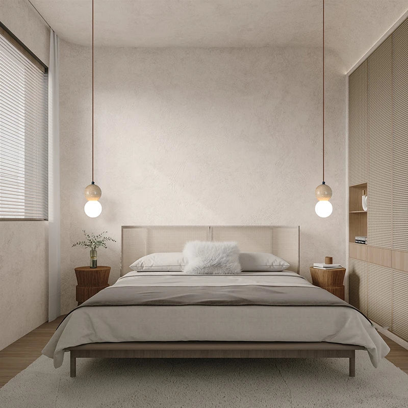 Afralia™ Yellow Travertine Glass LED Pendant Light Fixture for Bedroom, Dining, Living Room