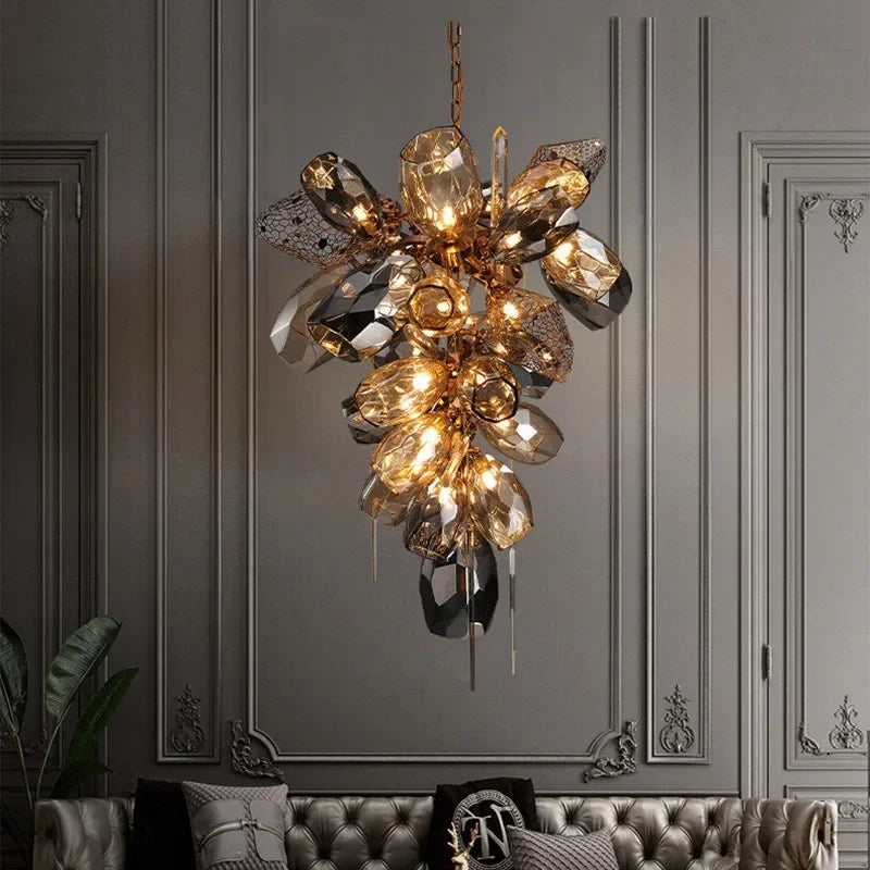 Afralia™ Gold Steel LED Pendant Lights with Cognac/Gray Glass Shades