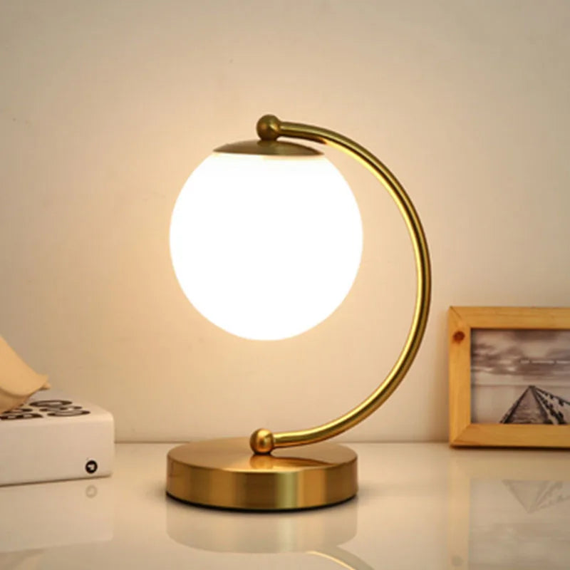 LED Brass Glass Table Lamp for Bedside Reading Desk - Modern Round Ring Design
