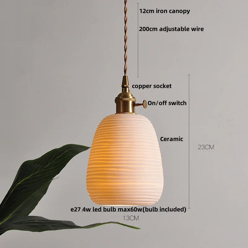 White Ceramic LED Pendant Lamp, Nordic Modern Hanging Light with Adjustable Copper Socket