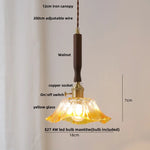 Amber Glass LED Pendant Light, Nordic Modern Design, Walnut Wood, Dining Living Room Lighting