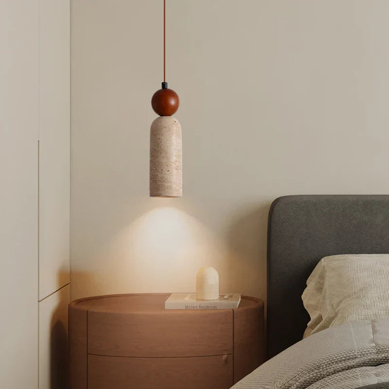 Stone LED Hanging Lamp Bedroom Living Room Lighting Yellow Travertine Wood Pendant